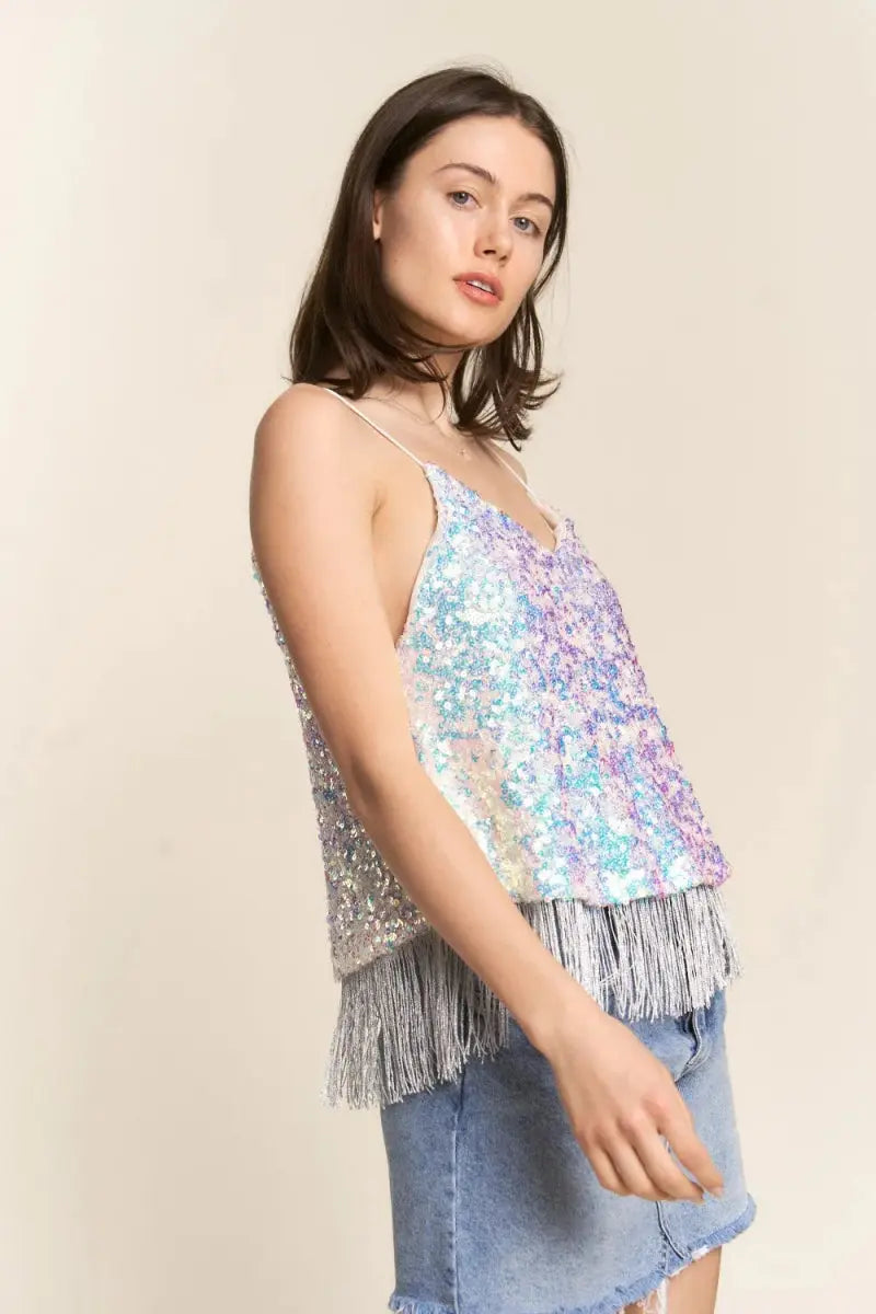 Sequin Cami Top - Tassel Hem - Party Club Glam Flowy