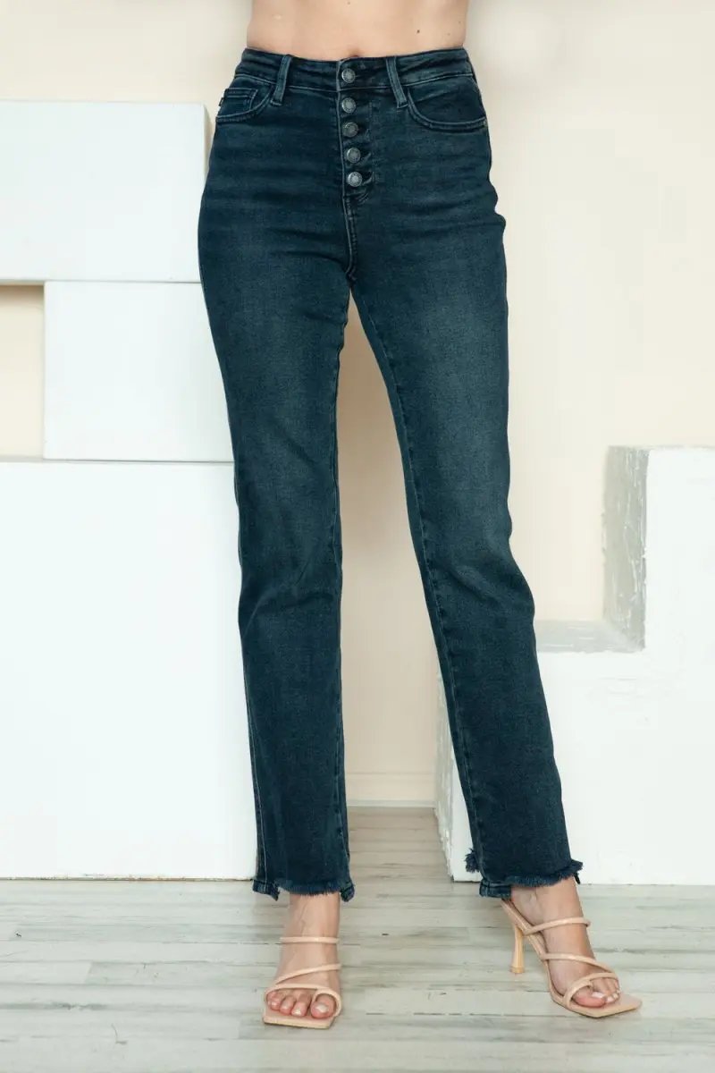 Trendsi Judy Blue Jeans + Women's Everyday Wear + Straight Leg Jeans + Button Fly & Distressed Hem