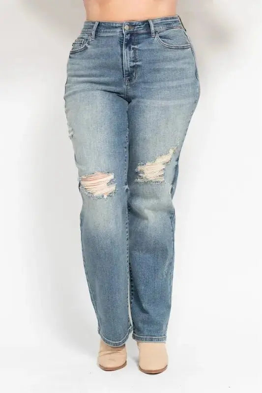 Trendsi Judy Blue High Waist Distressed Jeans Women's Plus Size Dad Jean - Comfy Fit