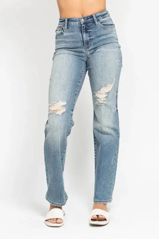 Trendsi Judy Blue High Waist Distressed Jeans Women's Plus Size Dad Jean - Comfy Fit
