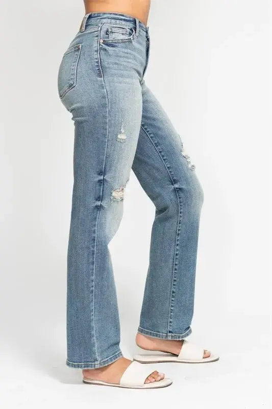 Trendsi Judy Blue High Waist Distressed Jeans Women's Plus Size Dad Jean - Comfy Fit
