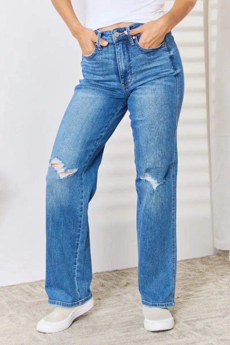 Trendsi Judy Blue Jeans + Women's High Waist + Everyday Wear + Straight Leg Jeans + Distressed & Comfy