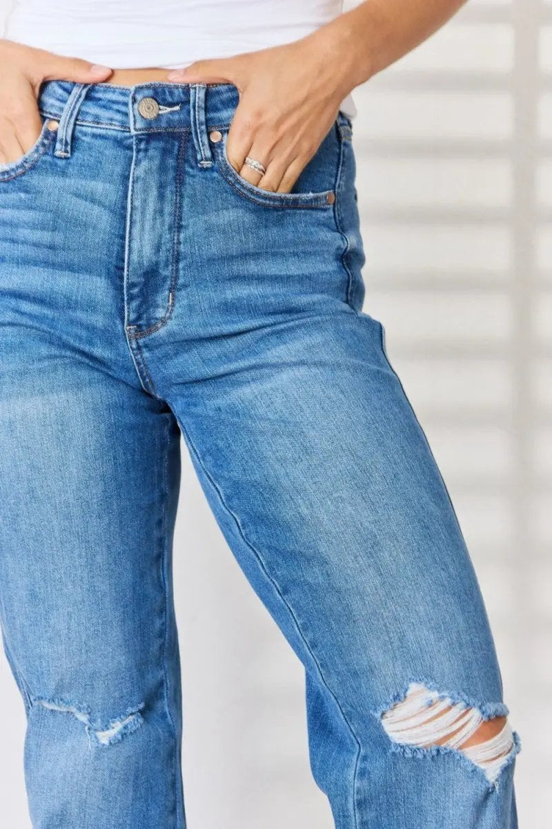 Trendsi Judy Blue Jeans + Women's High Waist + Everyday Wear + Straight Leg Jeans + Distressed & Comfy