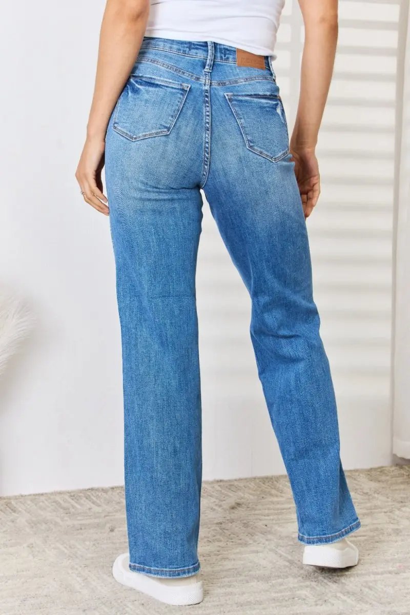 Trendsi Judy Blue Jeans + Women's High Waist + Everyday Wear + Straight Leg Jeans + Distressed & Comfy