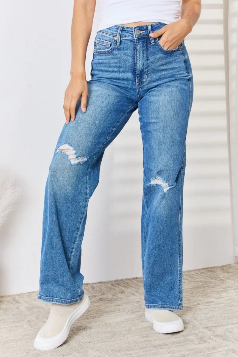 Trendsi Judy Blue Jeans + Women's High Waist + Everyday Wear + Straight Leg Jeans + Distressed & Comfy