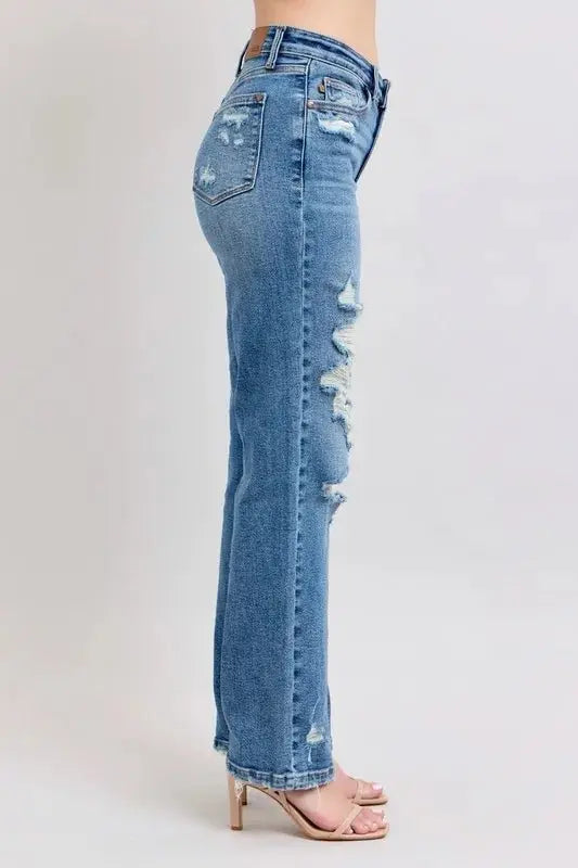 Trendsi Judy Blue High Waist Jeans + Plus Size Women's + Everyday Wear + Straight Leg Denim + Heavy Destroyed