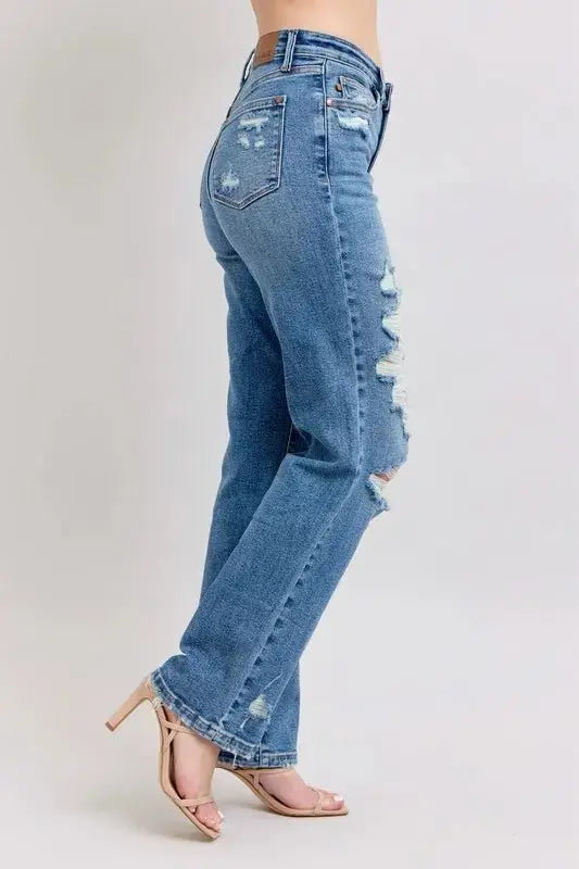 Trendsi Judy Blue High Waist Jeans + Plus Size Women's + Everyday Wear + Straight Leg Denim + Heavy Destroyed