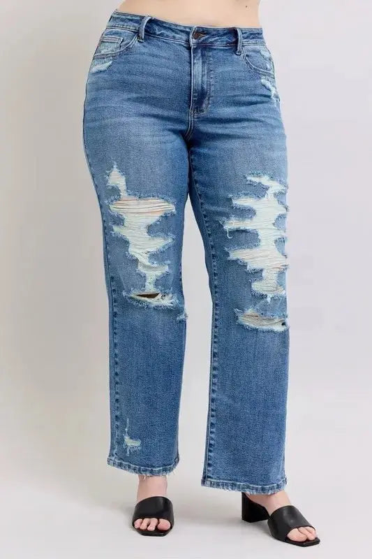 Trendsi Judy Blue High Waist Jeans + Plus Size Women's + Everyday Wear + Straight Leg Denim + Heavy Destroyed