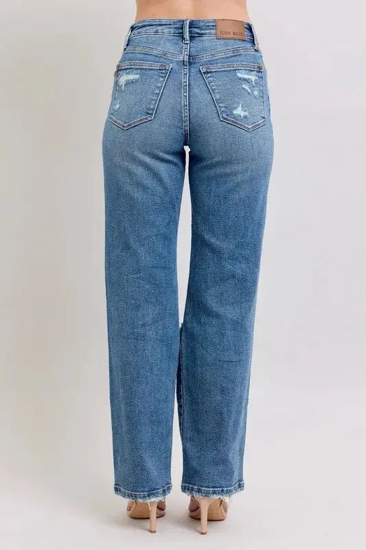Trendsi Judy Blue High Waist Jeans + Plus Size Women's + Everyday Wear + Straight Leg Denim + Heavy Destroyed