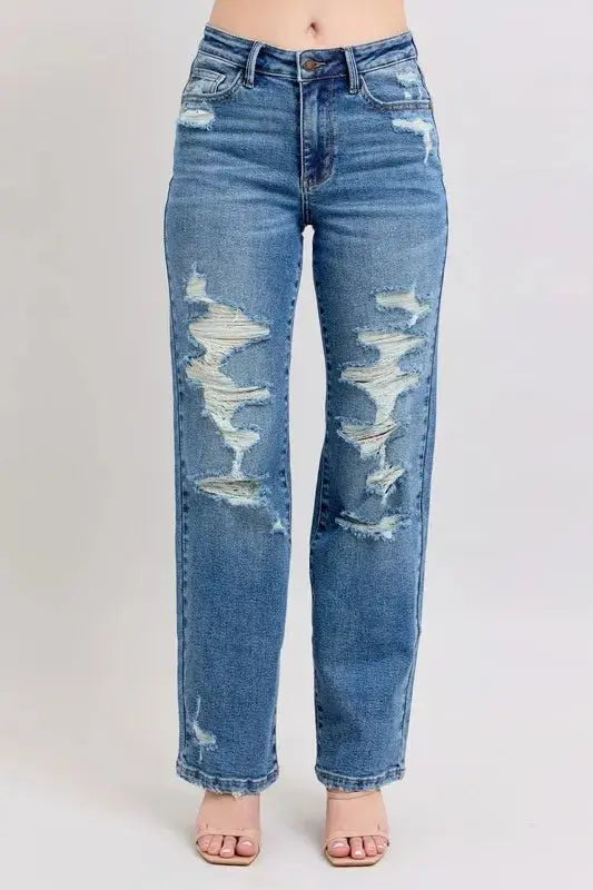 Trendsi Judy Blue High Waist Jeans + Plus Size Women's + Everyday Wear + Straight Leg Denim + Heavy Destroyed