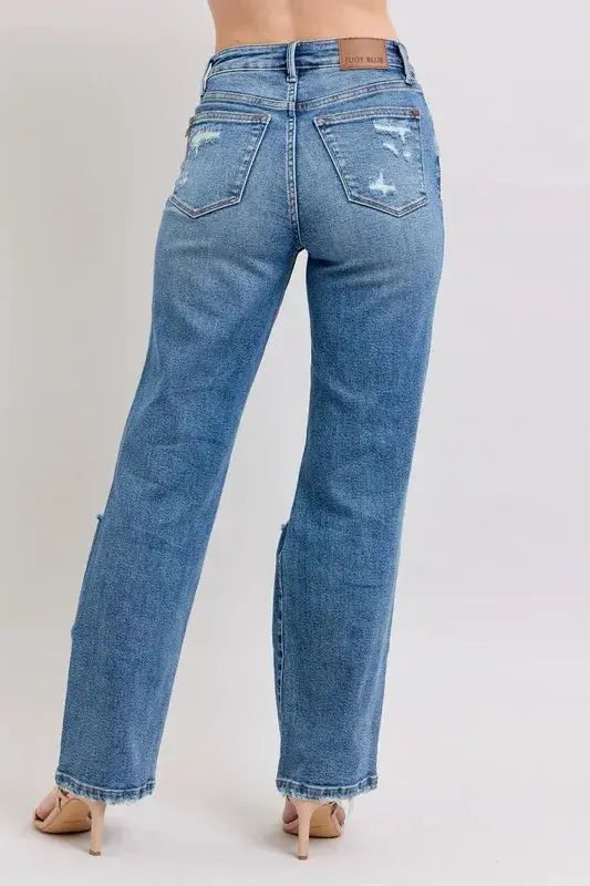 Trendsi Judy Blue High Waist Jeans + Plus Size Women's + Everyday Wear + Straight Leg Denim + Heavy Destroyed