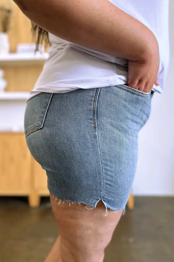 Denim Shorts - High Waist Raw Hem - Comfy Stretch Summer