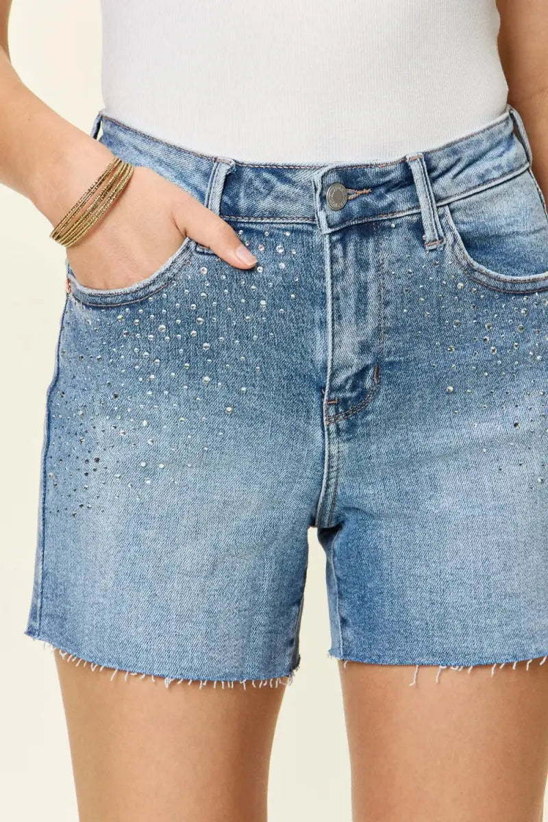 Denim Shorts - Rhinestone High Waist - Casual