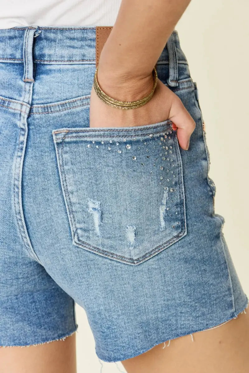 Denim Shorts - Rhinestone High Waist - Casual