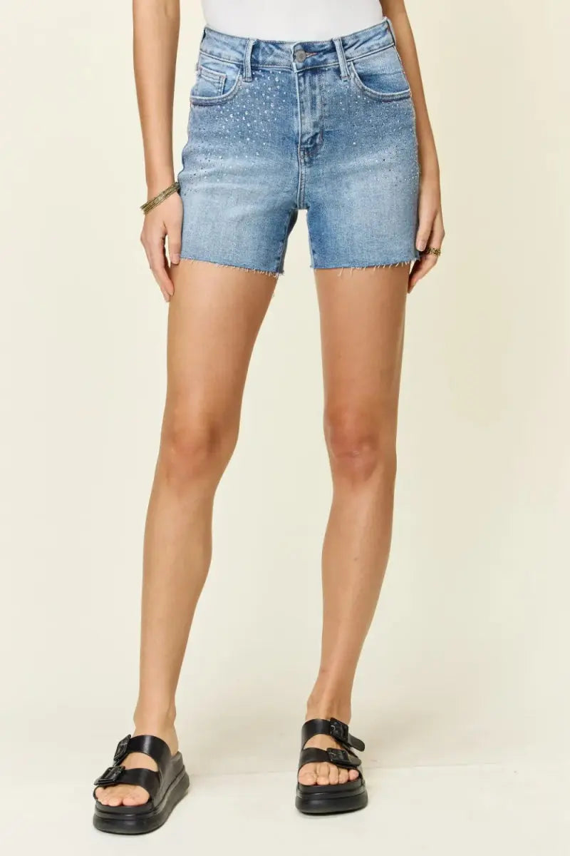 Denim Shorts - Rhinestone High Waist - Casual