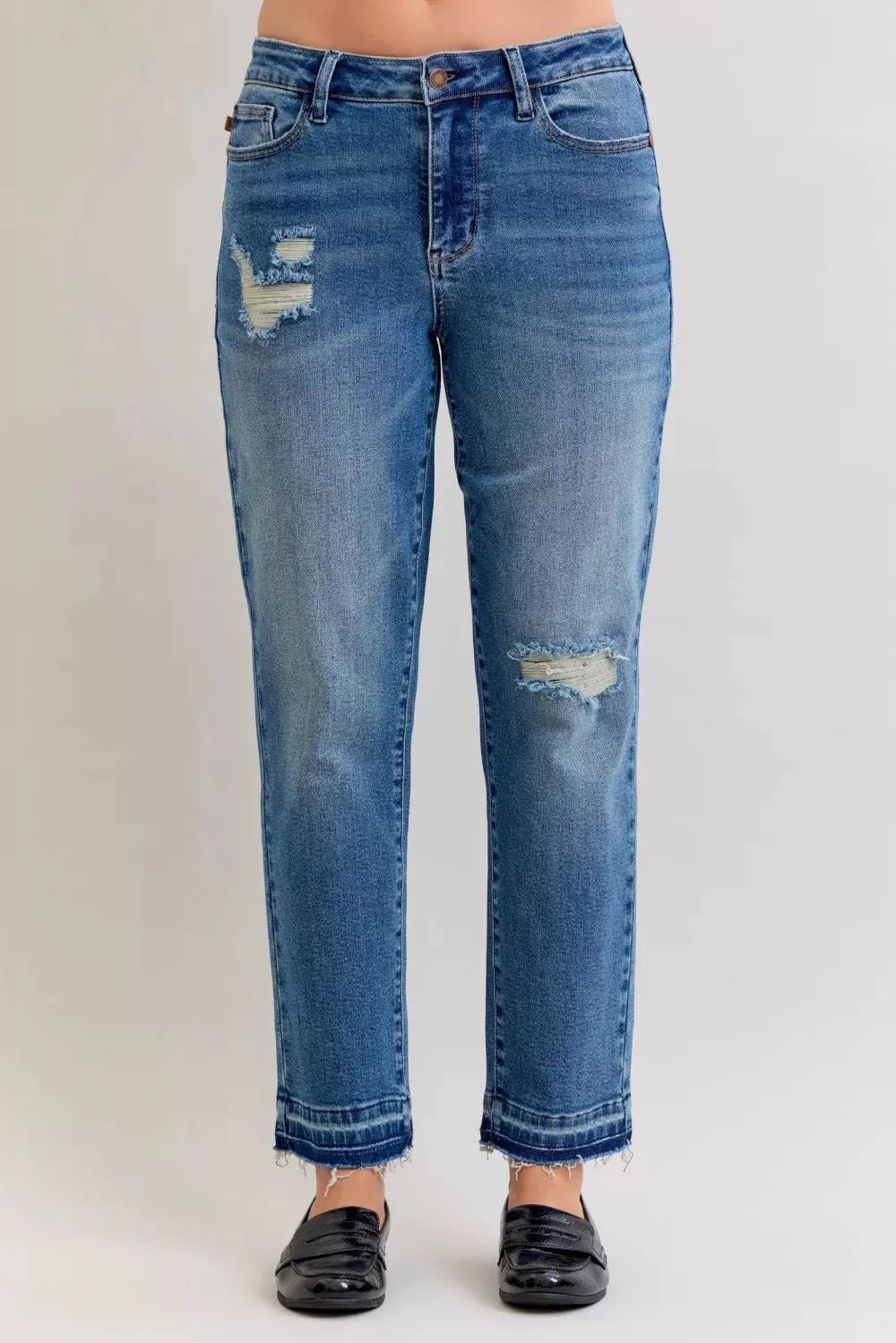 Judy Blue Full Size Mid Rise Bf Patch & Repair Destroy Release Hem Jeans Plus Size