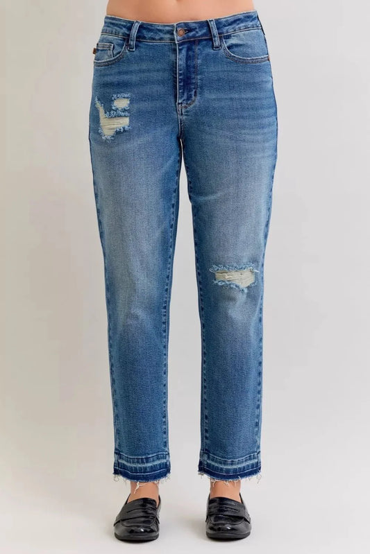 Judy Blue Full Size Mid Rise Bf Patch & Repair Destroy Release Hem Jeans Plus Size