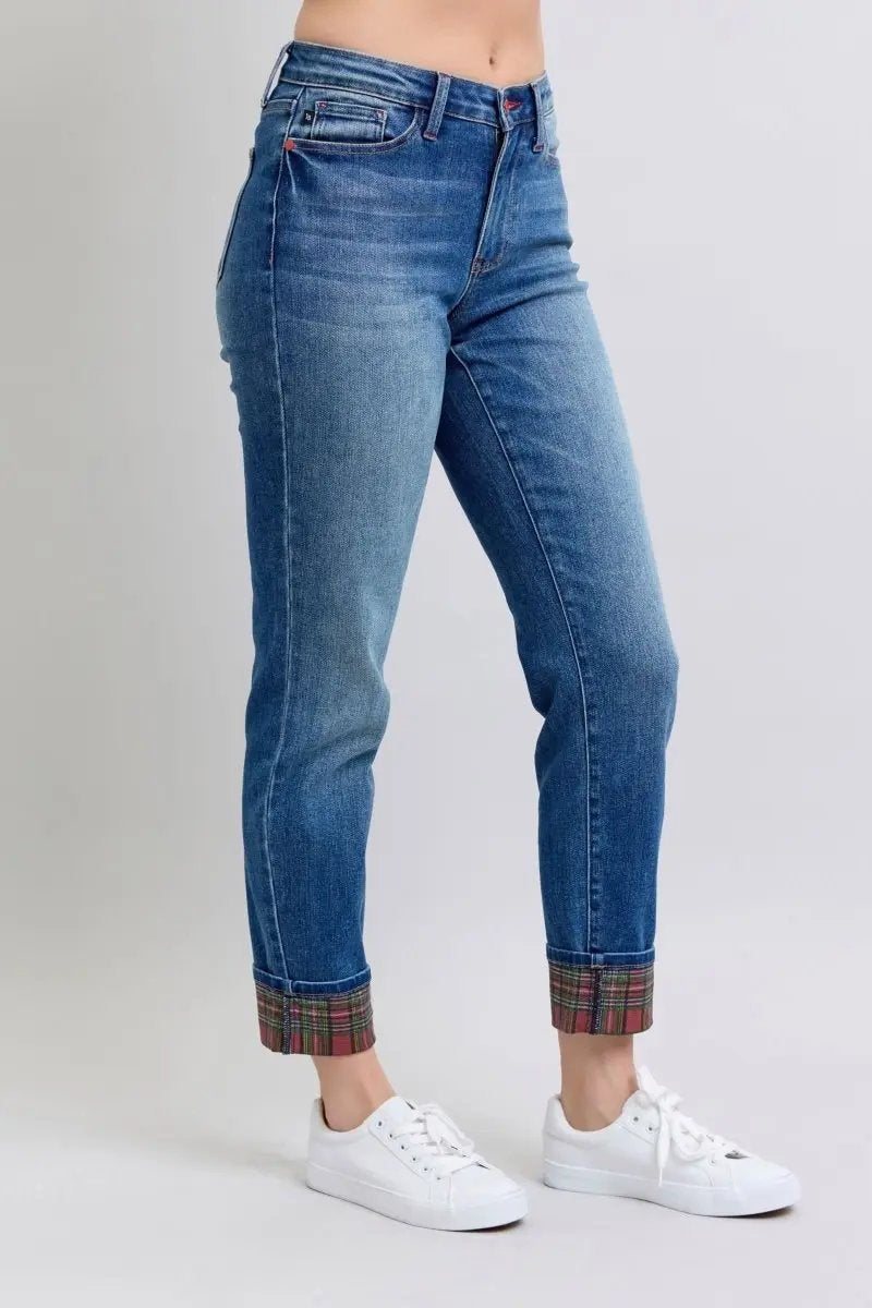 Trendsi Judy Blue Plaid Jeans Women's Everyday Straight Leg Denim w/ Pockets