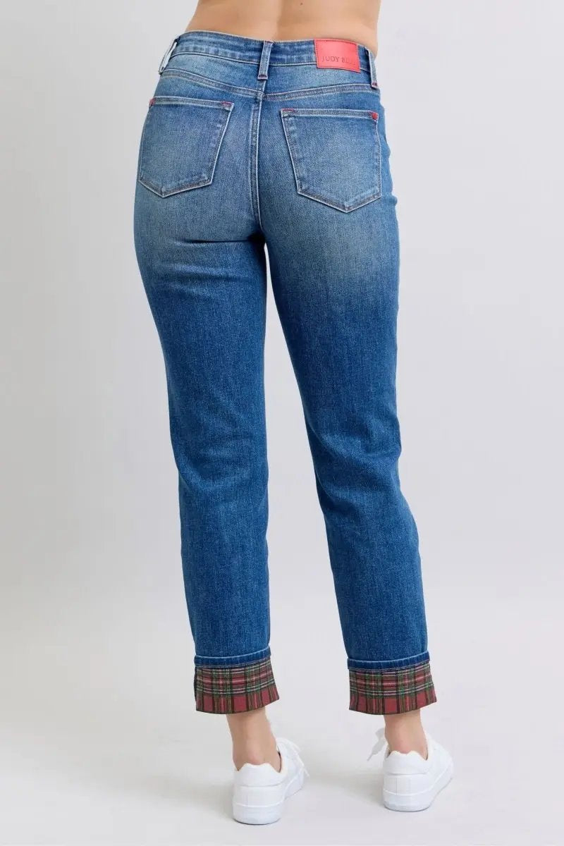 Trendsi Judy Blue Plaid Jeans Women's Everyday Straight Leg Denim w/ Pockets