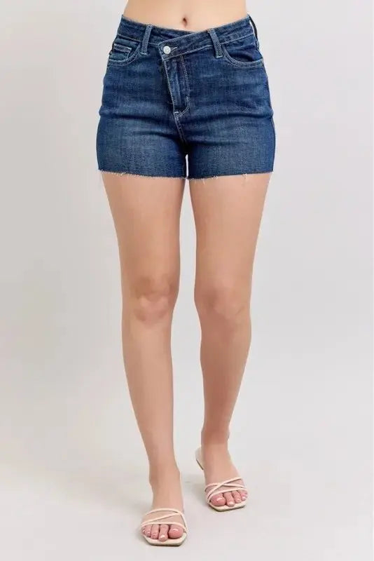 Trendsi Judy Blue Denim Shorts Women's Everyday High Waist Criss-Cross Shorts