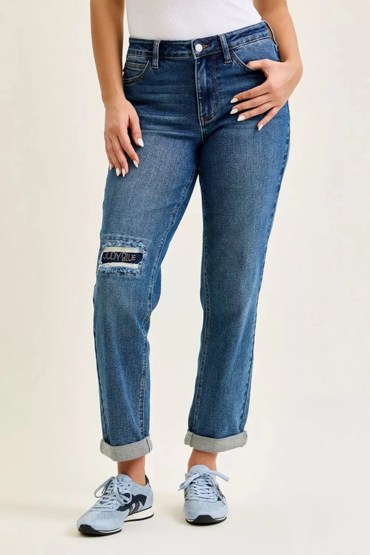 Judy Blue Mid Rise Boyfriend Embroidered Repair Patch Jeans
