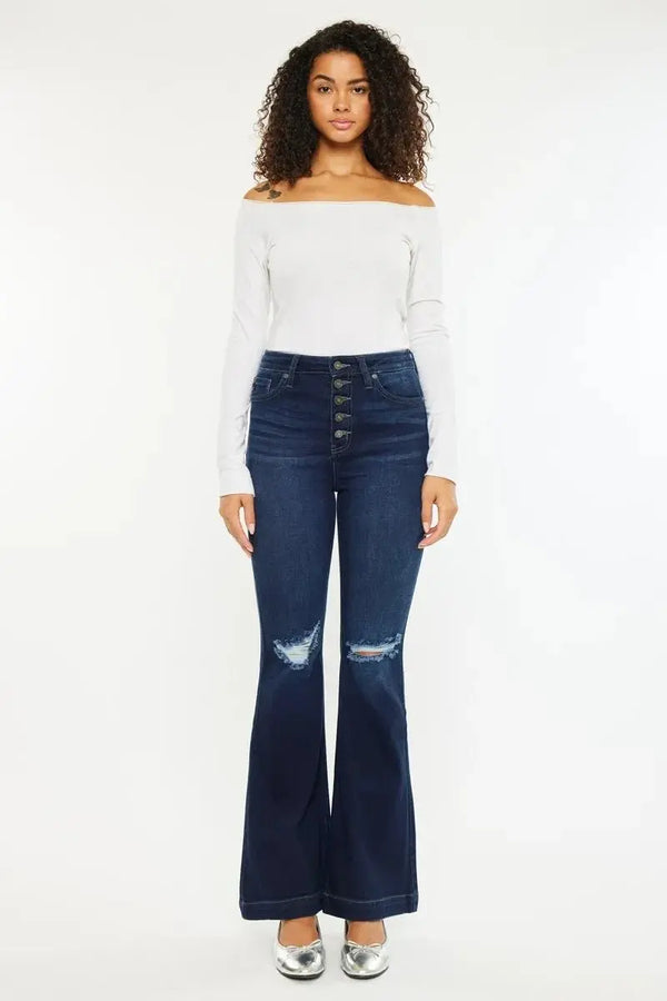 Trendsi Kancan High Rise Distressed Flare Jeans Women's Everyday Fashion Denim Comfort