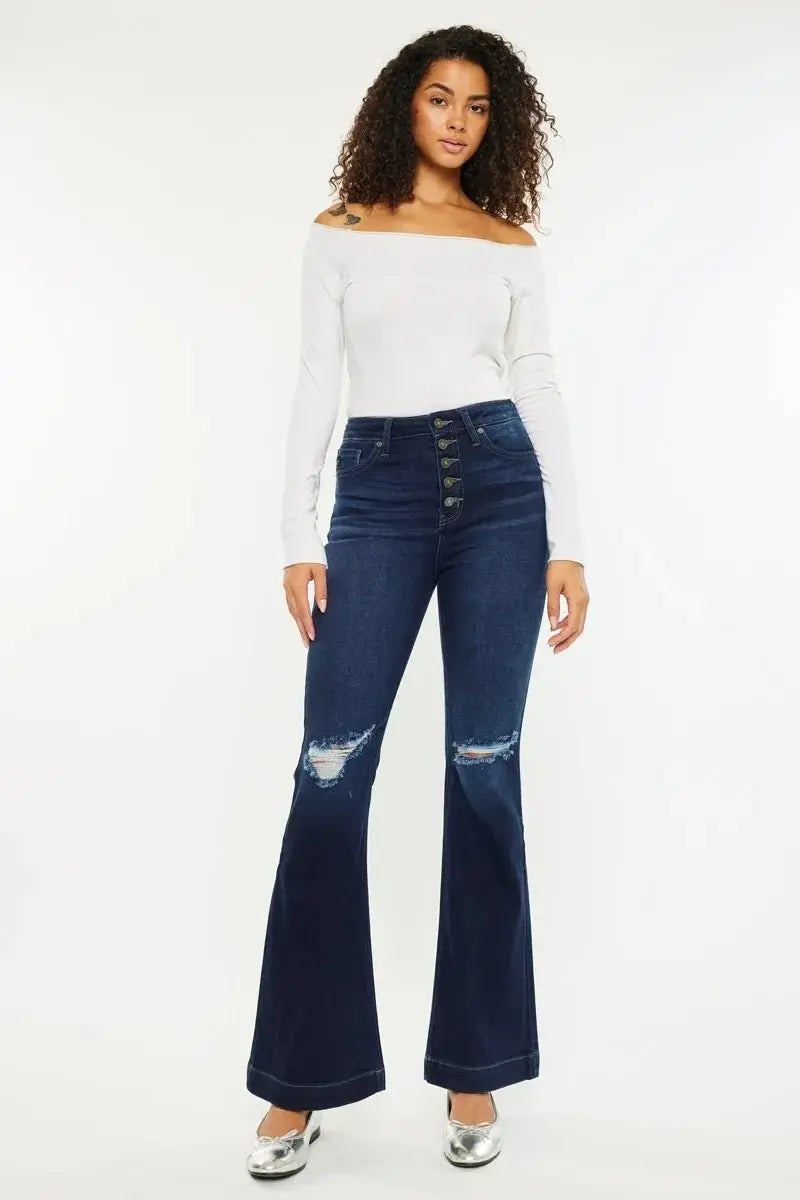 Trendsi Kancan High Rise Distressed Flare Jeans Women's Everyday Fashion Denim Comfort