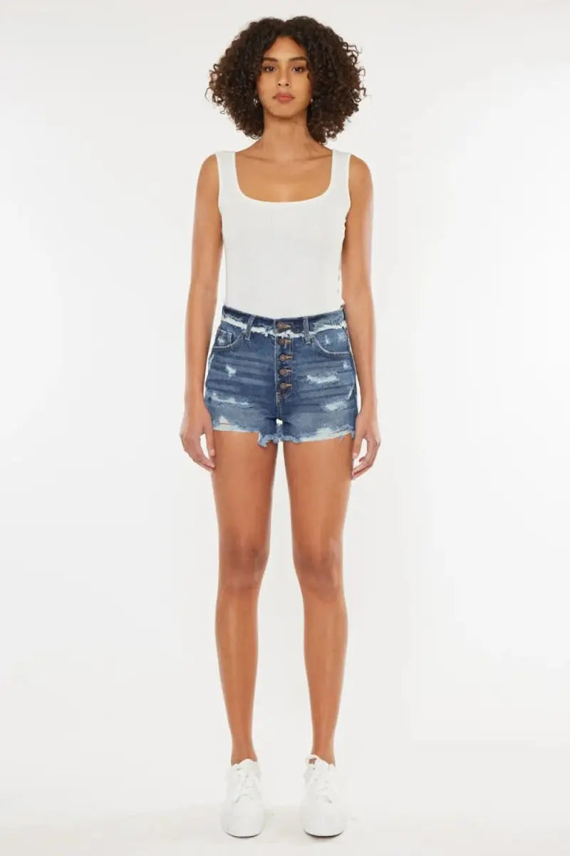 Women's Denim Shorts - Distressed Button Fly - Summer Casual