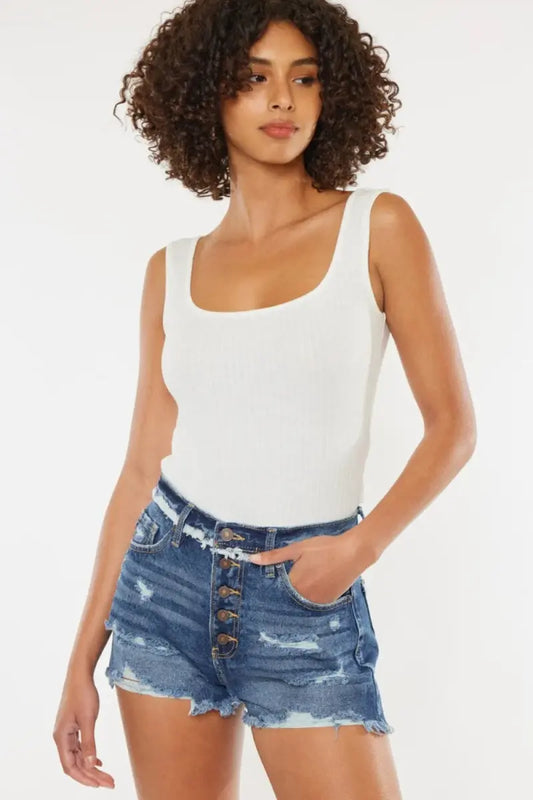 Women's Denim Shorts - Distressed Button Fly - Summer Casual