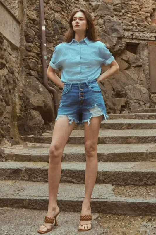 Denim Shorts - Distressed Button-Fly High Waist - Everyday Casual