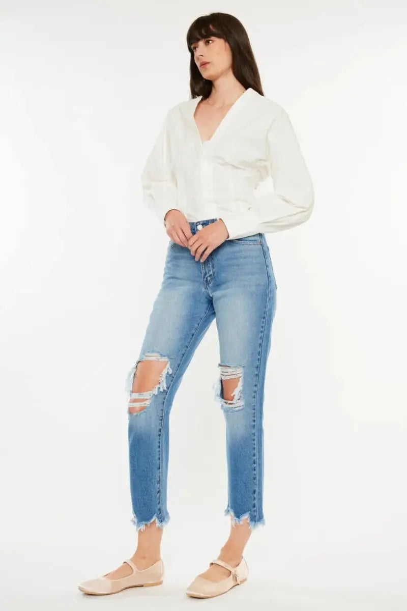 Trendsi Kancan Distressed Jeans Women's Casual Cropped Denim Frayed Hem