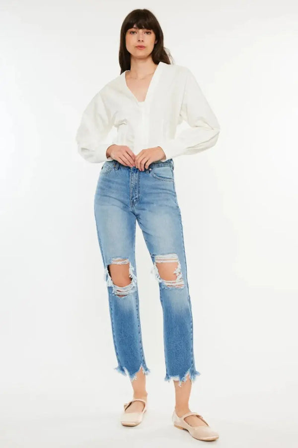 Trendsi Kancan Distressed Jeans Women's Casual Cropped Denim Frayed Hem