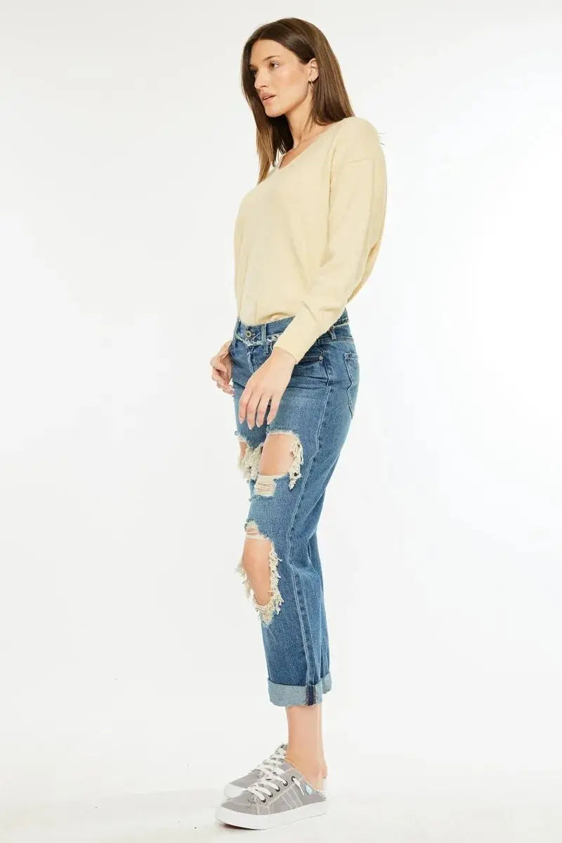 Women's Jeans - Distressed Mid Rise - Boyfriend Fit