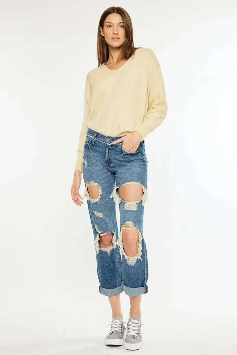 Women's Jeans - Distressed Mid Rise - Boyfriend Fit