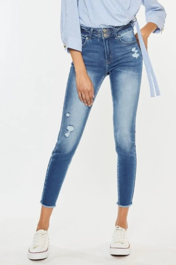 Trendsi Kancan Distressed Jeans Women's High Waist Denim - Raw Hem, USA Ship