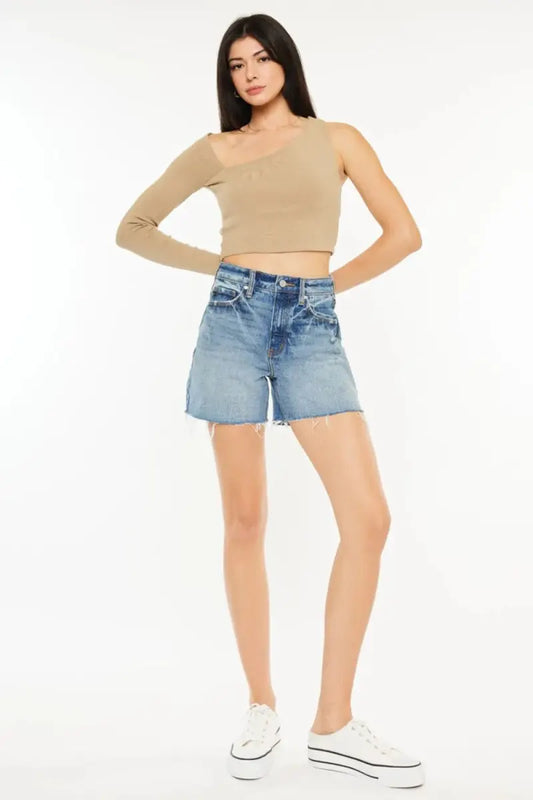 Denim Shorts - High Waist Raw Hem - Casual Women's