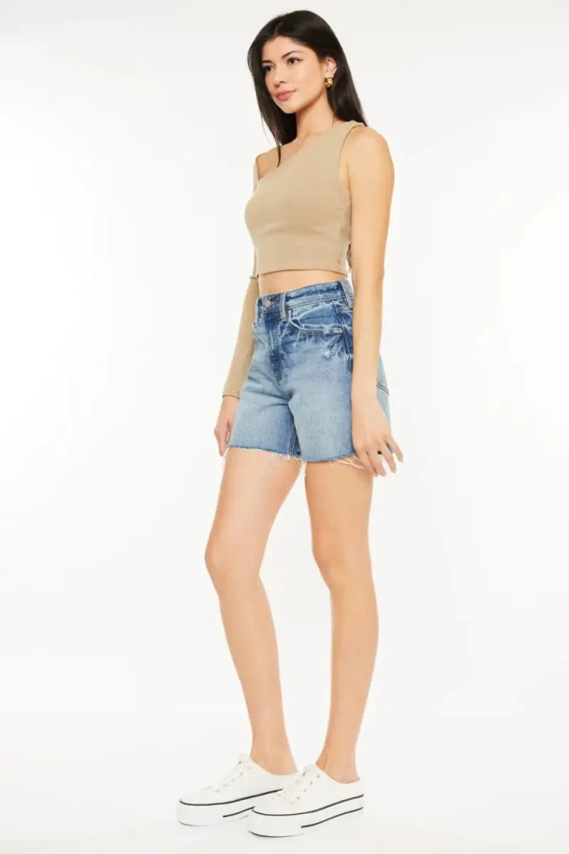 Denim Shorts - High Waist Raw Hem - Casual Women's