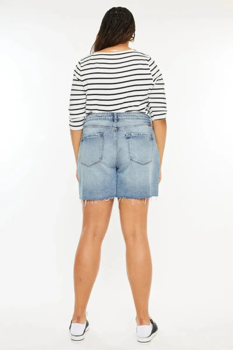 Denim Shorts - High Waist Raw Hem - Casual Women's