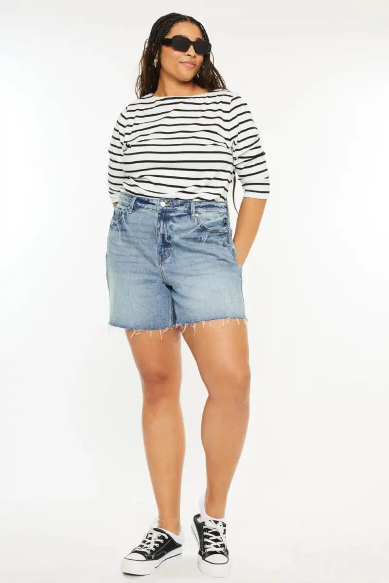 Denim Shorts - High Waist Raw Hem - Casual Women's