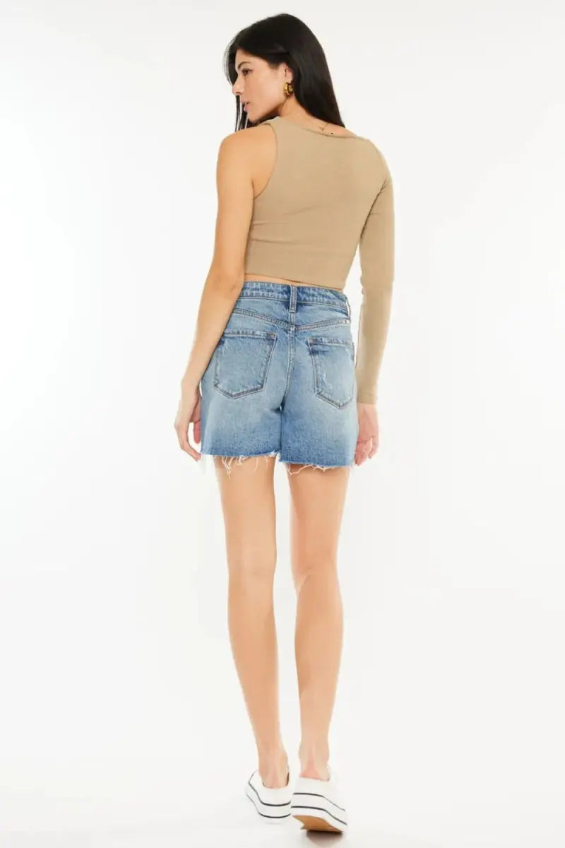 Denim Shorts - High Waist Raw Hem - Casual Women's