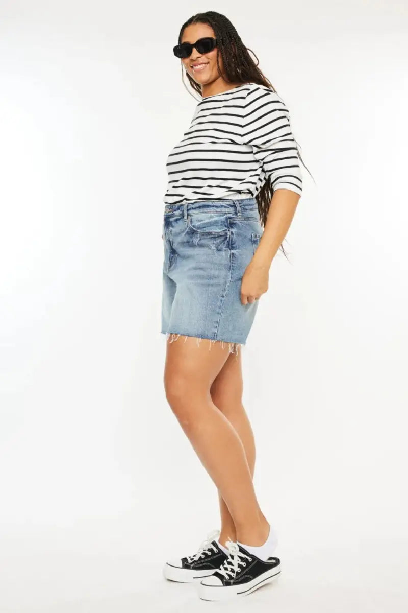 Denim Shorts - High Waist Raw Hem - Casual Women's