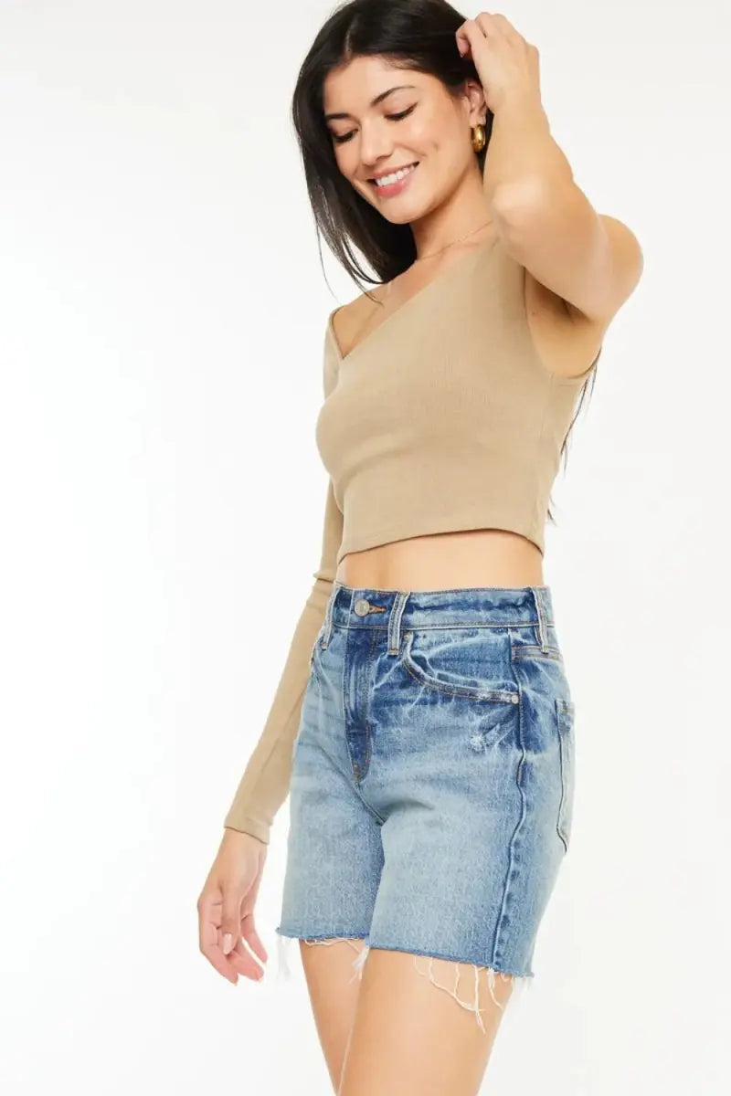 Denim Shorts - High Waist Raw Hem - Casual Women's