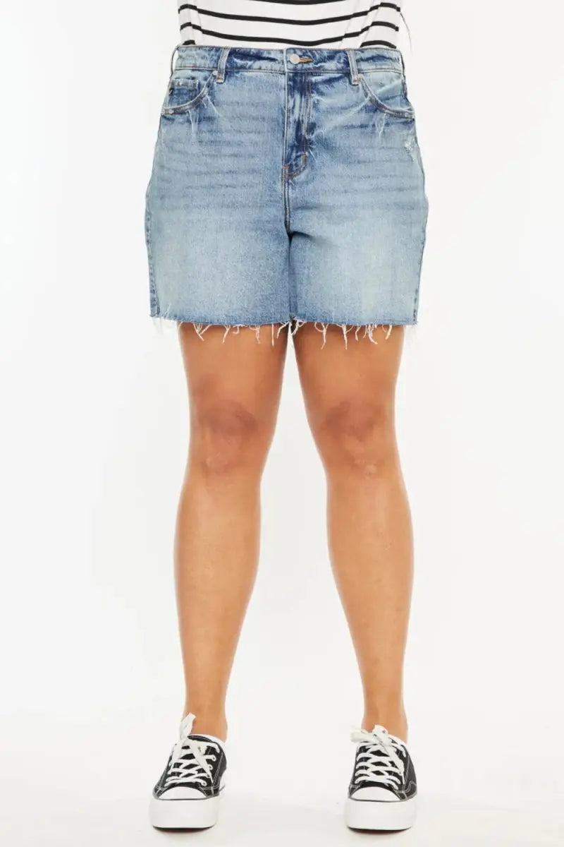 Denim Shorts - High Waist Raw Hem - Casual Women's
