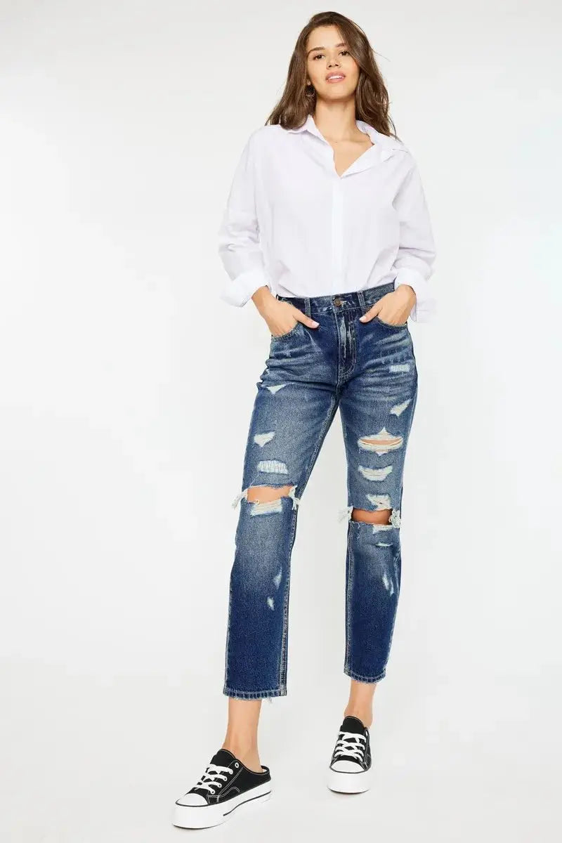 Trendsi Kancan High Rise Distressed Jeans Women's Casual Denim Mom Fit Jeans USA Shipped