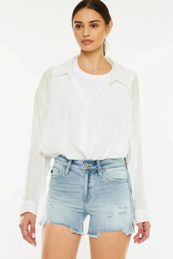 Denim Shorts - High Rise Side Slit - Women's Casual Summer