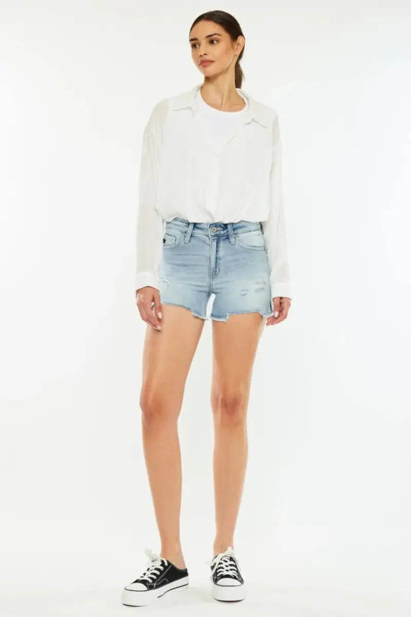 Denim Shorts - High Rise Side Slit - Women's Casual Summer