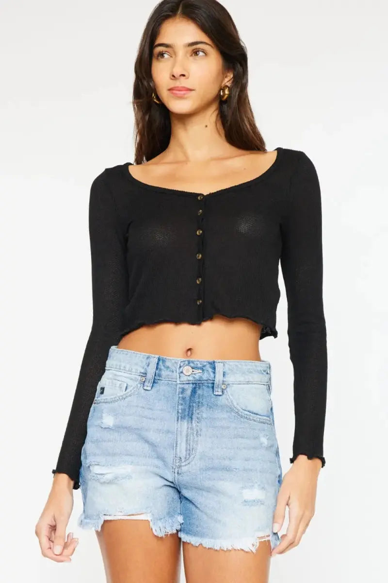 Denim Shorts - High Waist - Frayed Hem