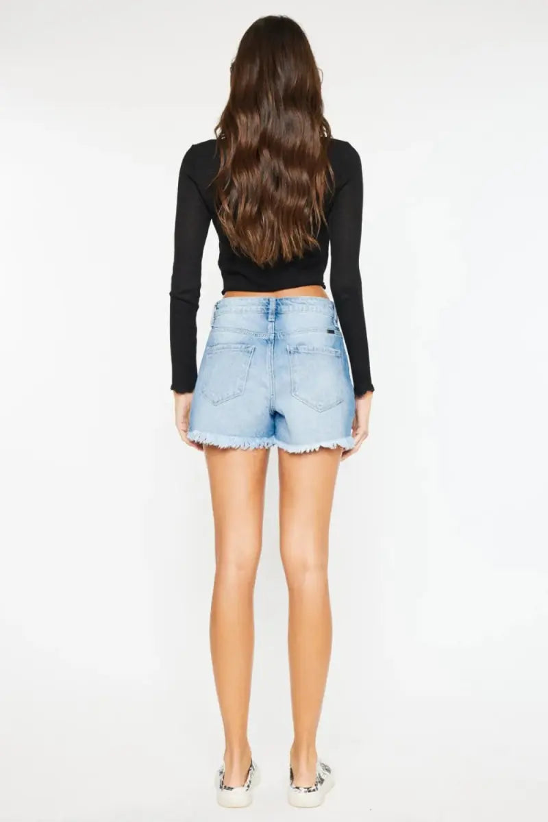 Denim Shorts - High Waist - Frayed Hem