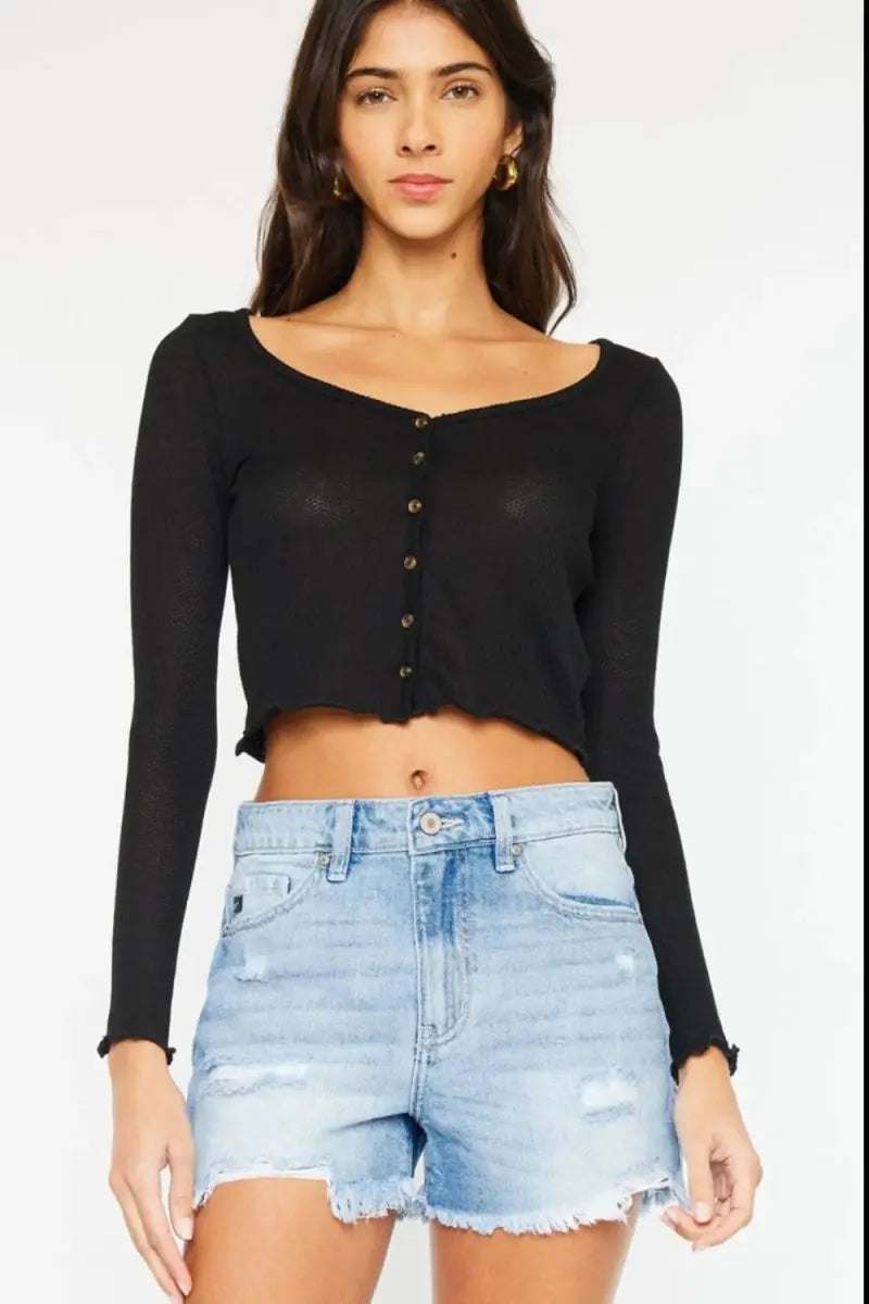 Denim Shorts - High Waist - Frayed Hem