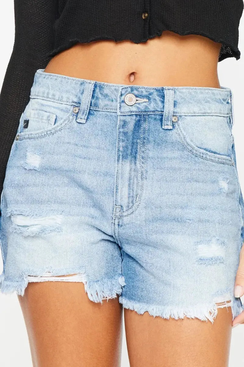 Denim Shorts - High Waist - Frayed Hem